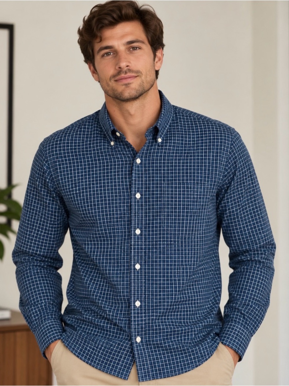 LL Bean Shirt Mens XL Tall Slightly Fitted Navy White Grid Check Cotton Button